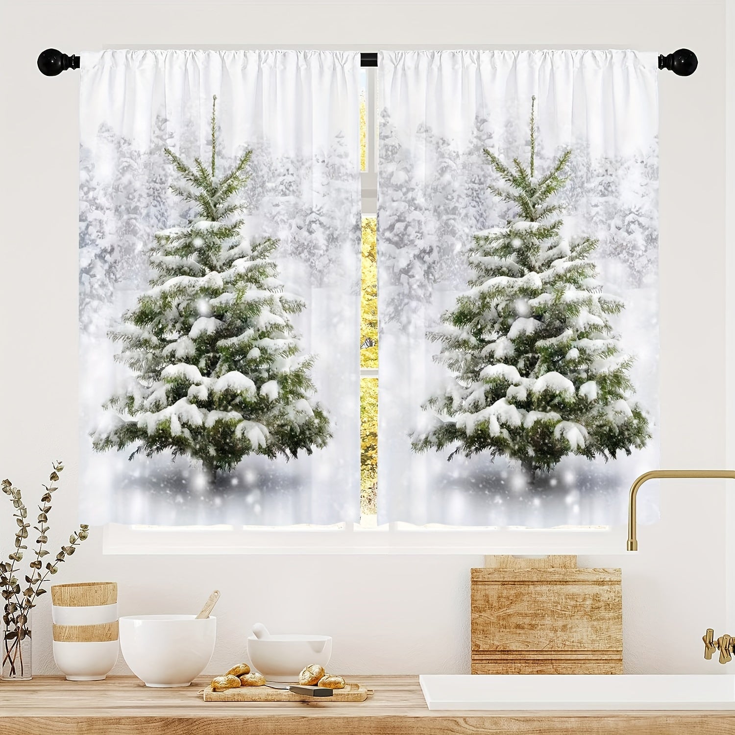 Juego de 2 cortinas verdes navideñas para café con diseño de árbol de pino y nieve, lavables en poliéster para sala de estar, cocina, oficina
