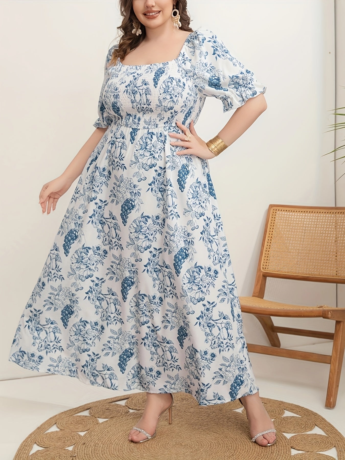 Women's Plus Size Floral Print Tunic Dress Polyester All-Season Square Neck