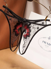 Women's Floral Lace Mesh Thong with Open Crotch and Sheer Design Lingerie