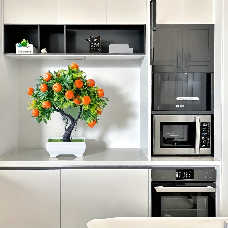 Uy ofis dekoratsiyasi uchun yashil bargli va oq idishli sun'iy apelsin daraxti bonsai