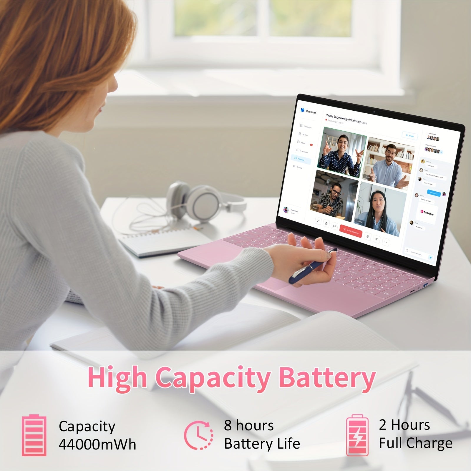 Pink 15.6 Inch Laptop with 8GB DDR4 RAM, 256GB SSD, 1080P FHD Display, Webcam, USB 3.0, Backlit Keyboard