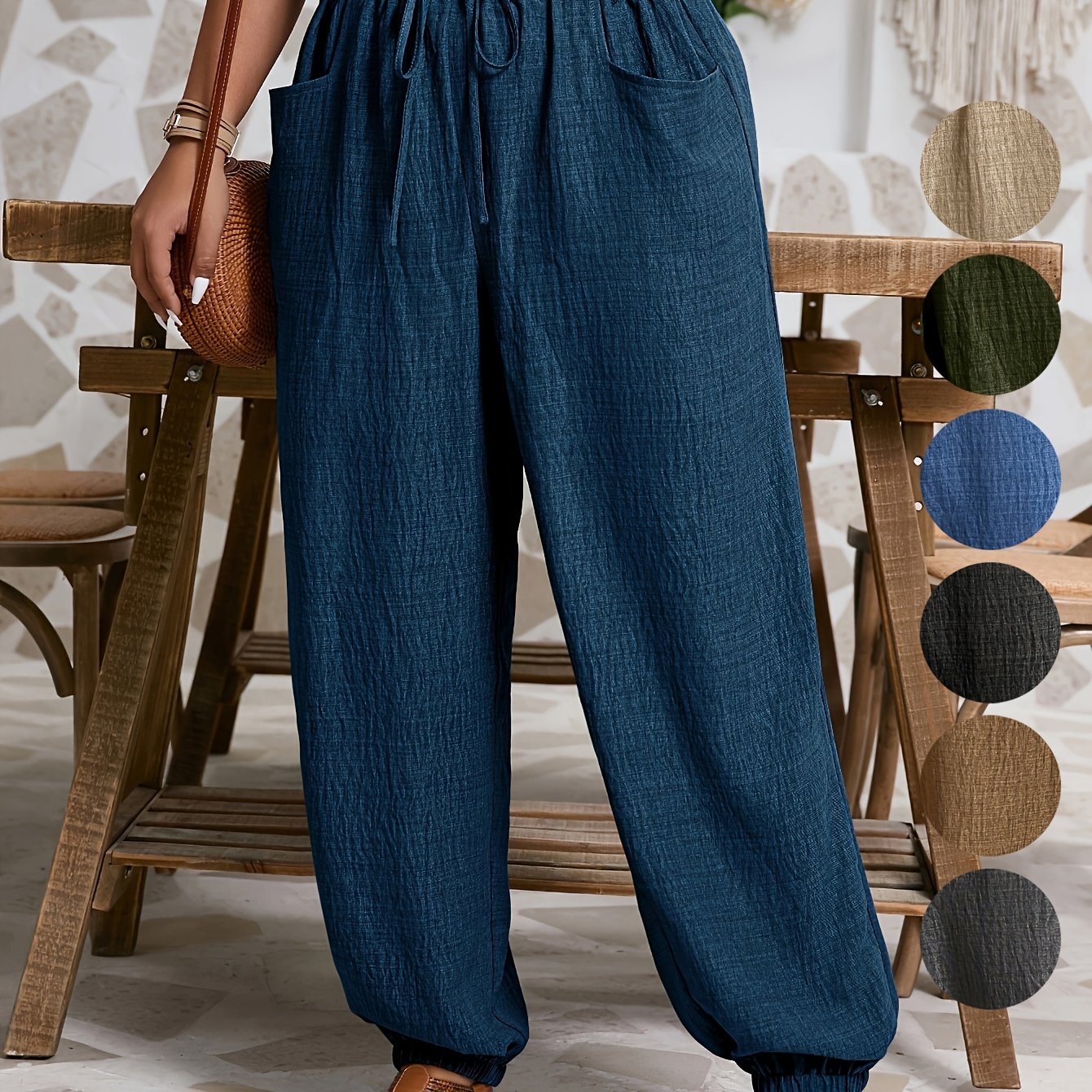 Pantalones casuales de talla grande para mujer con cintura elástica, bolsillos y color sólido