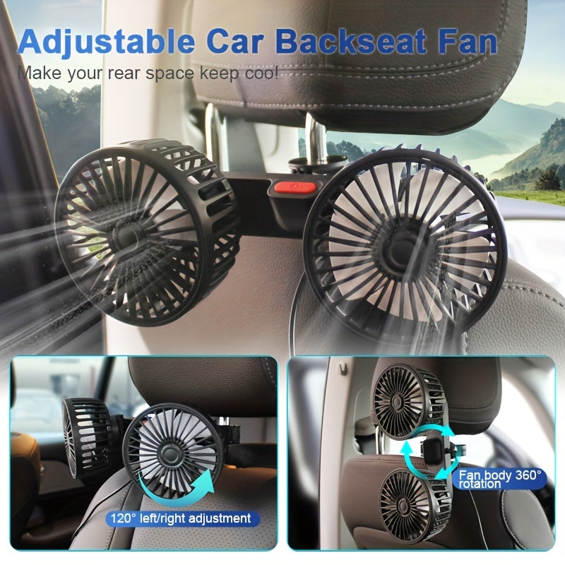Dual Head USB Car Seat Fan with 360° Rotation, Adjustable Clip for SUVs and RVs