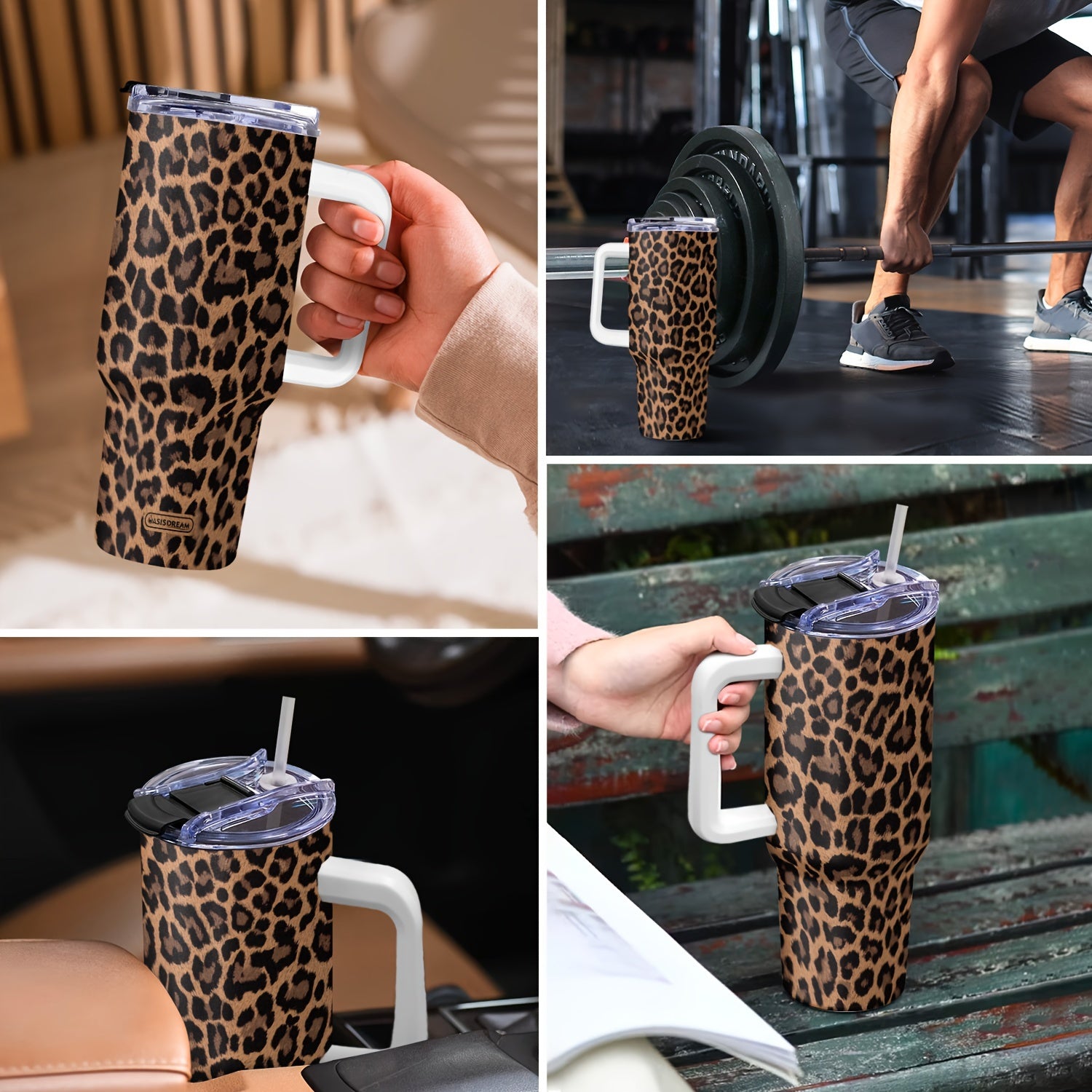 40oz Stainless Steel Tumbler with Handle and Lid Leopard Print Double Wall Vacuum Mug