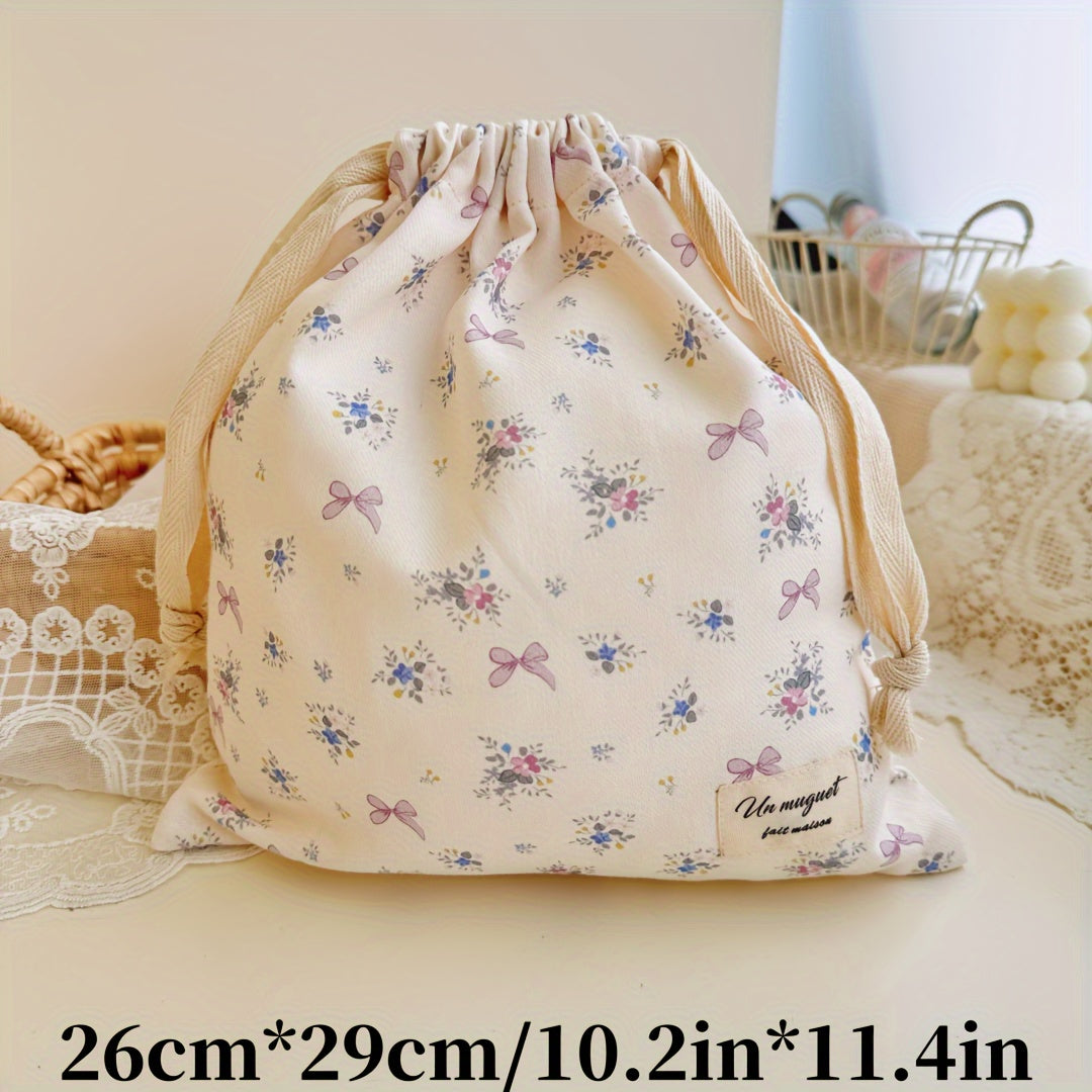 Embroidered Bowknot Drawstring Storage Bag for Travel Jewelry Cosmetics Diaper Organizer
