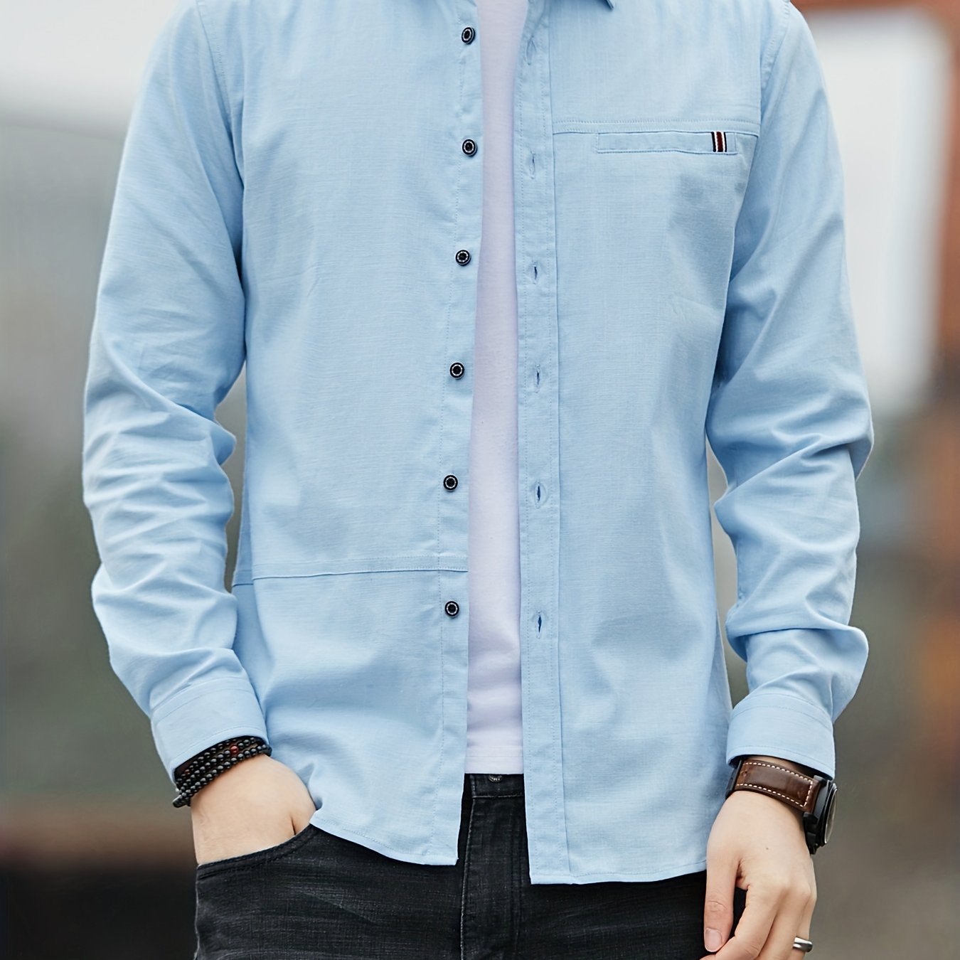 Men's Cotton Solid Long Sleeve Button Up Shirt for Casual Outdoor Wear