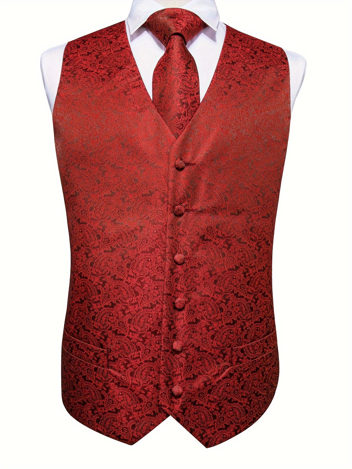 Plus Size Men's Paisley Vest Set with Necktie Hanky Cufflinks for Business Wedding Party