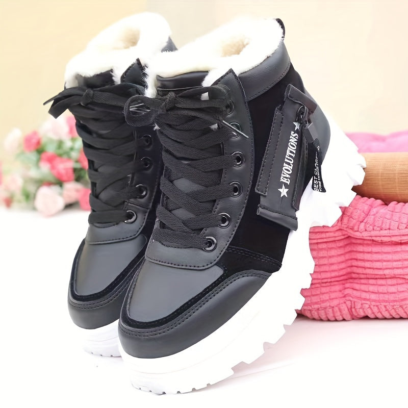 Women's Fluffy Solid Color Lace-Up Winter Snow Boots