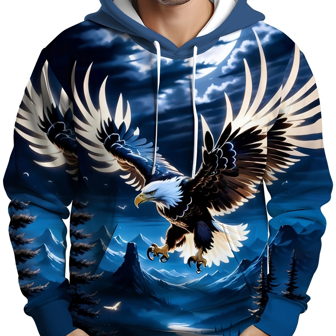 Plus Size Men's Eagle Graphic Print Hoodie with Kangaroo Pocket Casual Outerwear
