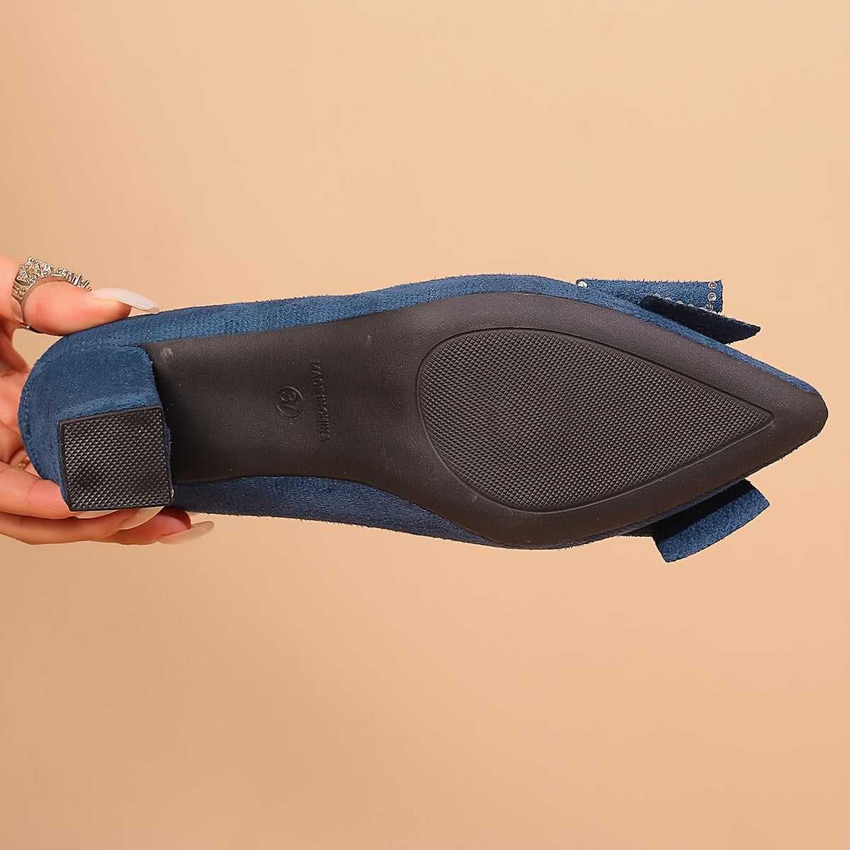 Women's Blue Block Heel Pumps with Rhinestone Bow for Weddings and Parties