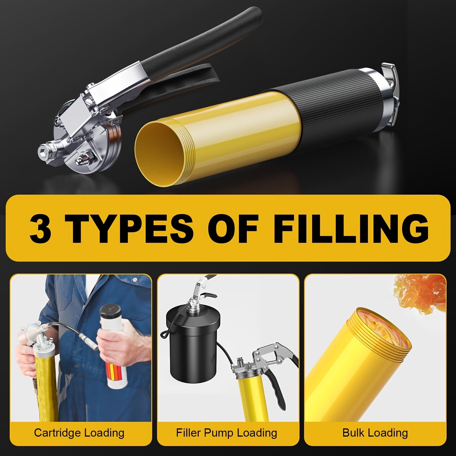 8000 PSI Pistol Grip Oil Gun Kit 14 oz yuk bilan, 45.72 sm shlang, 2 ulanish, 2 kengaytma quvurlari va 1 o'tkir nozzle bilan.