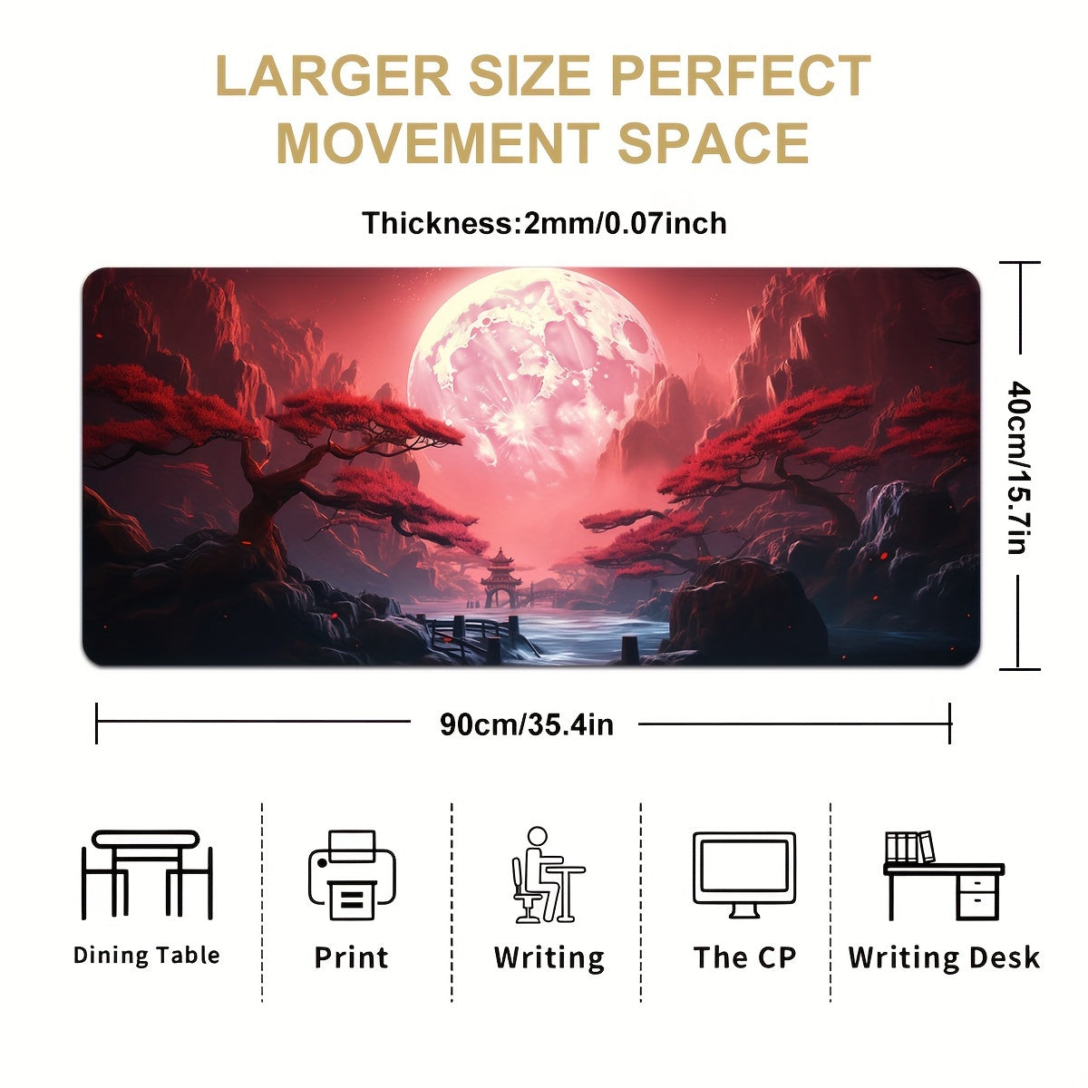 Большой игровой коврик для мыши с красным пейзажным дизайном, нескользящая резиновая основа, прошитые края