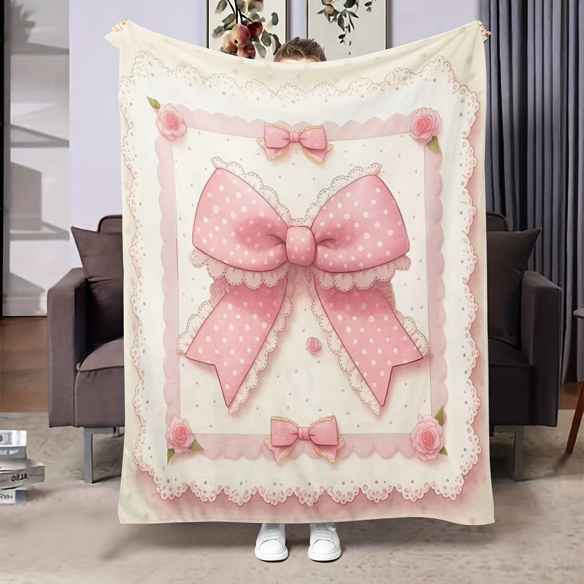 Vintage Lace Design Princess Throw Blanket Charming Pink rangida, Polka Dots bilan - Barcha mavsumlar uchun yumshoq flanel, Qizlar tug'ilgan kunlari va bayramlar uchun ideal sovg'a