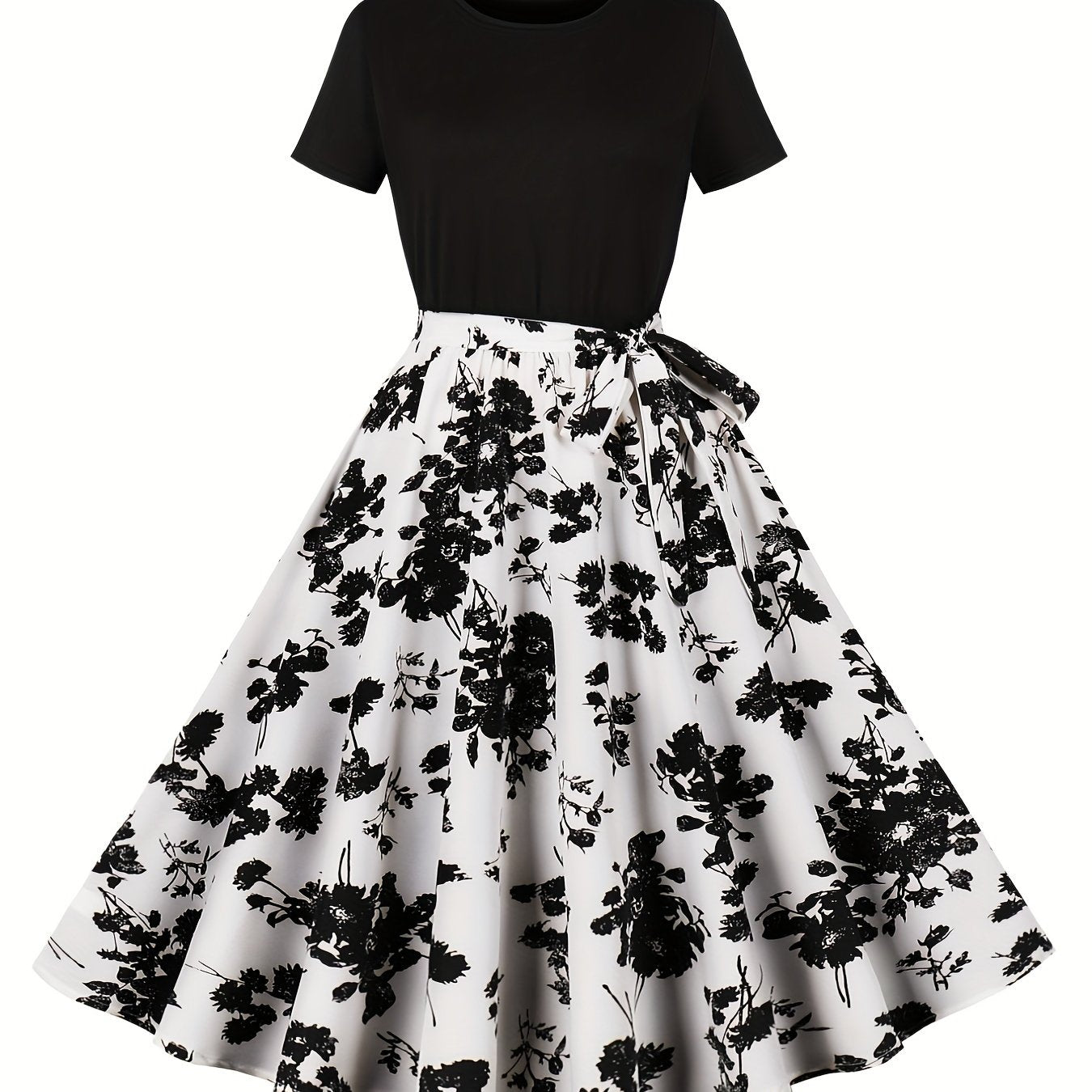 Floral Print Crew Neck Dress for Women with Short Sleeves and Belt Summer Elegant Polyester