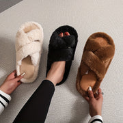 Women's Plush Non Slip Indoor Slip-On Slippers with Cross Straps