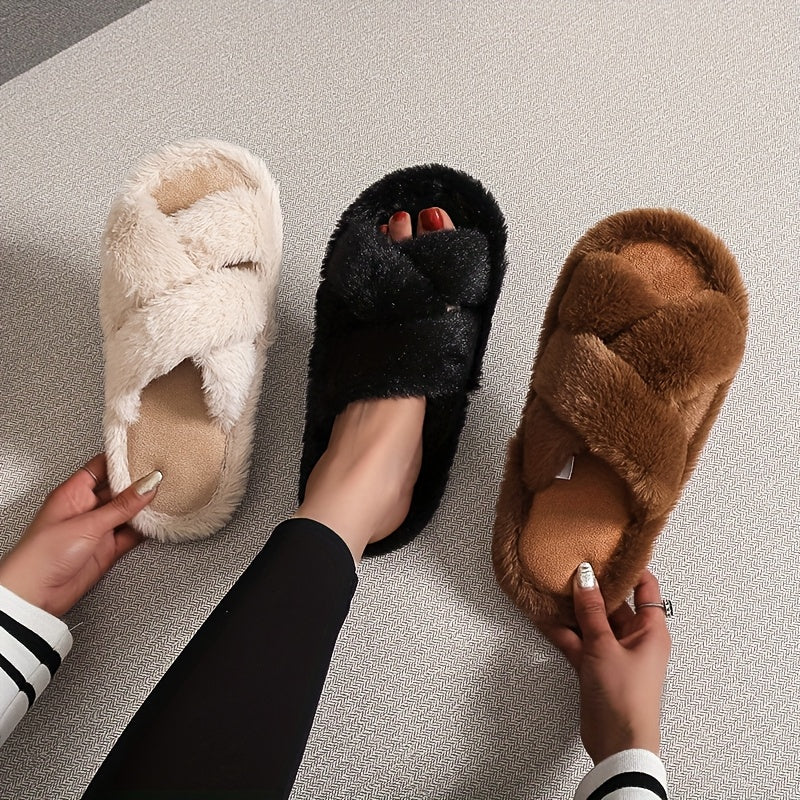 Women's Plush Non Slip Indoor Slip-On Slippers with Cross Straps