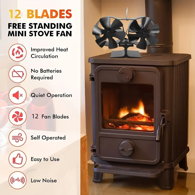 Polished Aluminum Wood Stove Fan 12 Blades High-Speed Air Circulation No Electricity