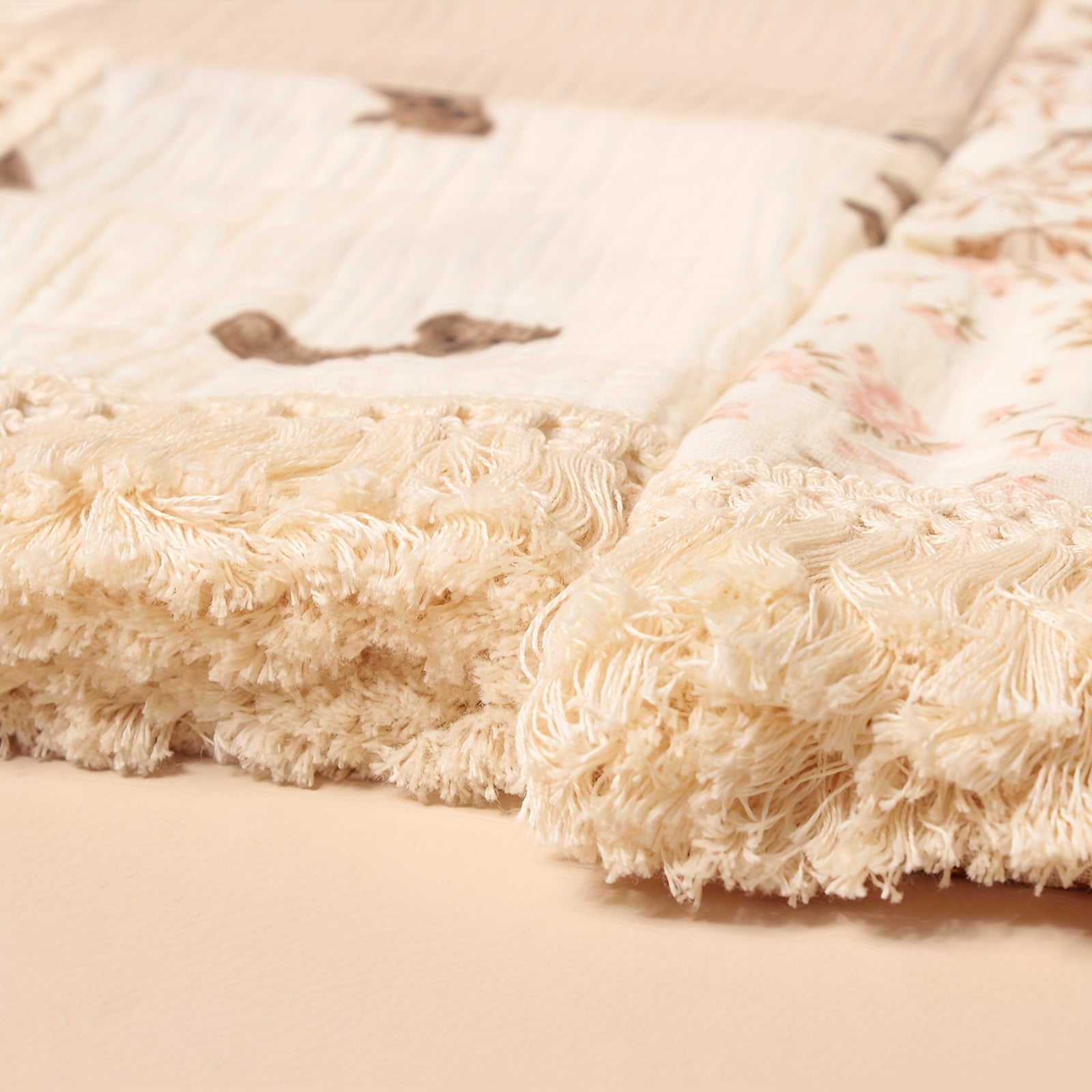 Children's Cotton Blanket with Tassel Edges Animal Print for Baby Stroller and Windproof Use