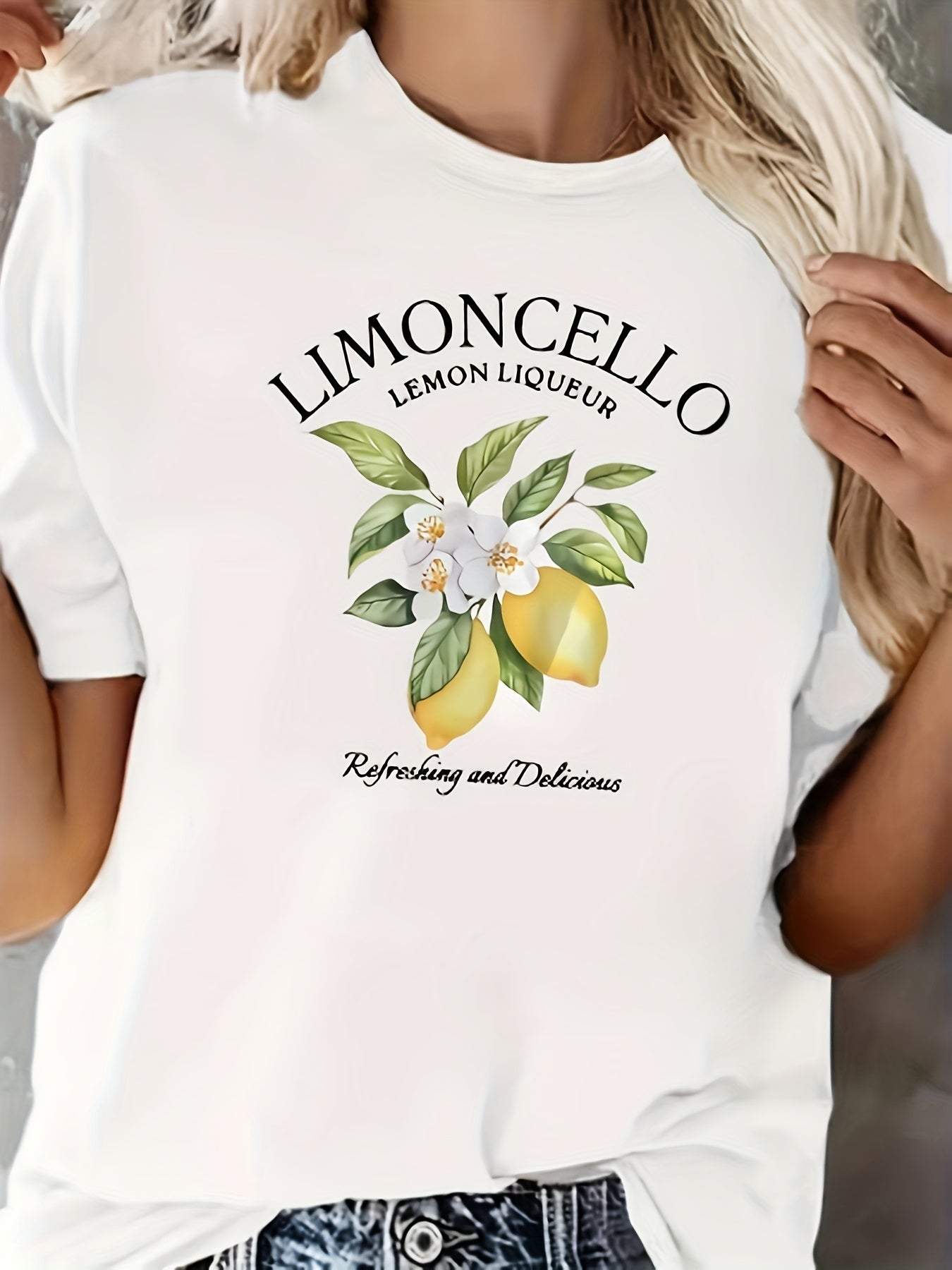 Plus Size Women's White T-Shirt with Lemon Floral Print Casual Summer Top