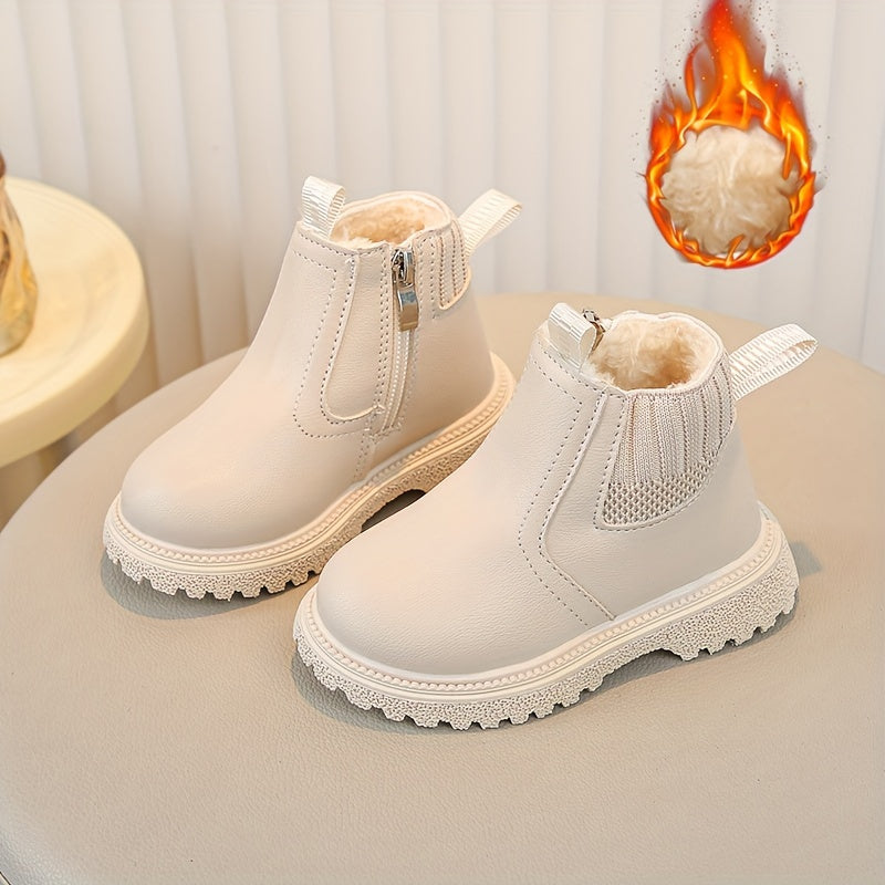 Детские ботинки с флисовой подкладкой в британском стиле, нескользящая мягкая подошва, дизайн с мультяшными персонажами и застежка на молнии.