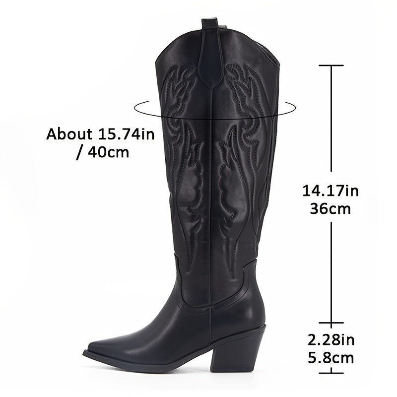 Women’s Western Cowboy Boots Faux Cover Embroidered Knee-High Pointed Toe