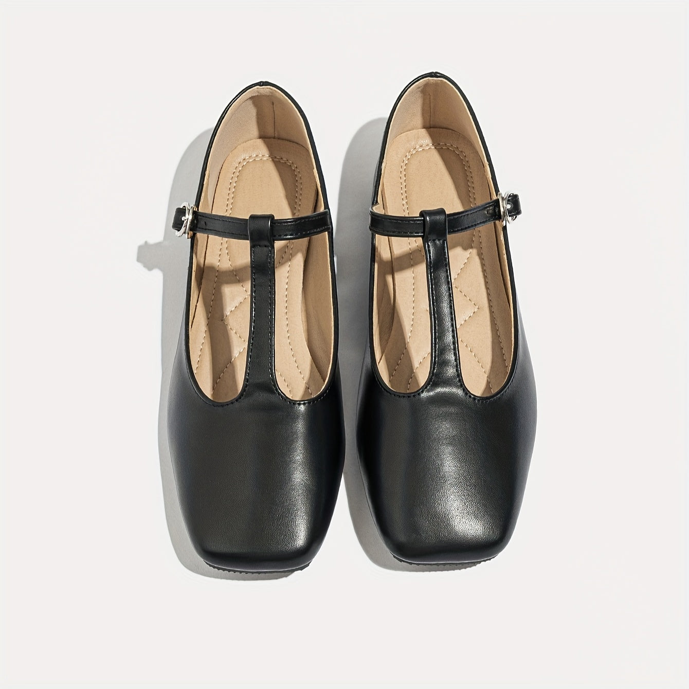 Zapatos casuales de mujer en negro con pala en T y punta cuadrada