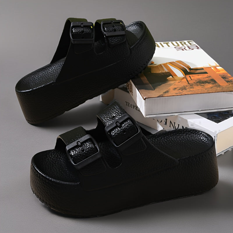 Women's Casual Solid Color EVA Platform Slippers with Buckle Closure Breathable Anti-Slip Super Thick Sole