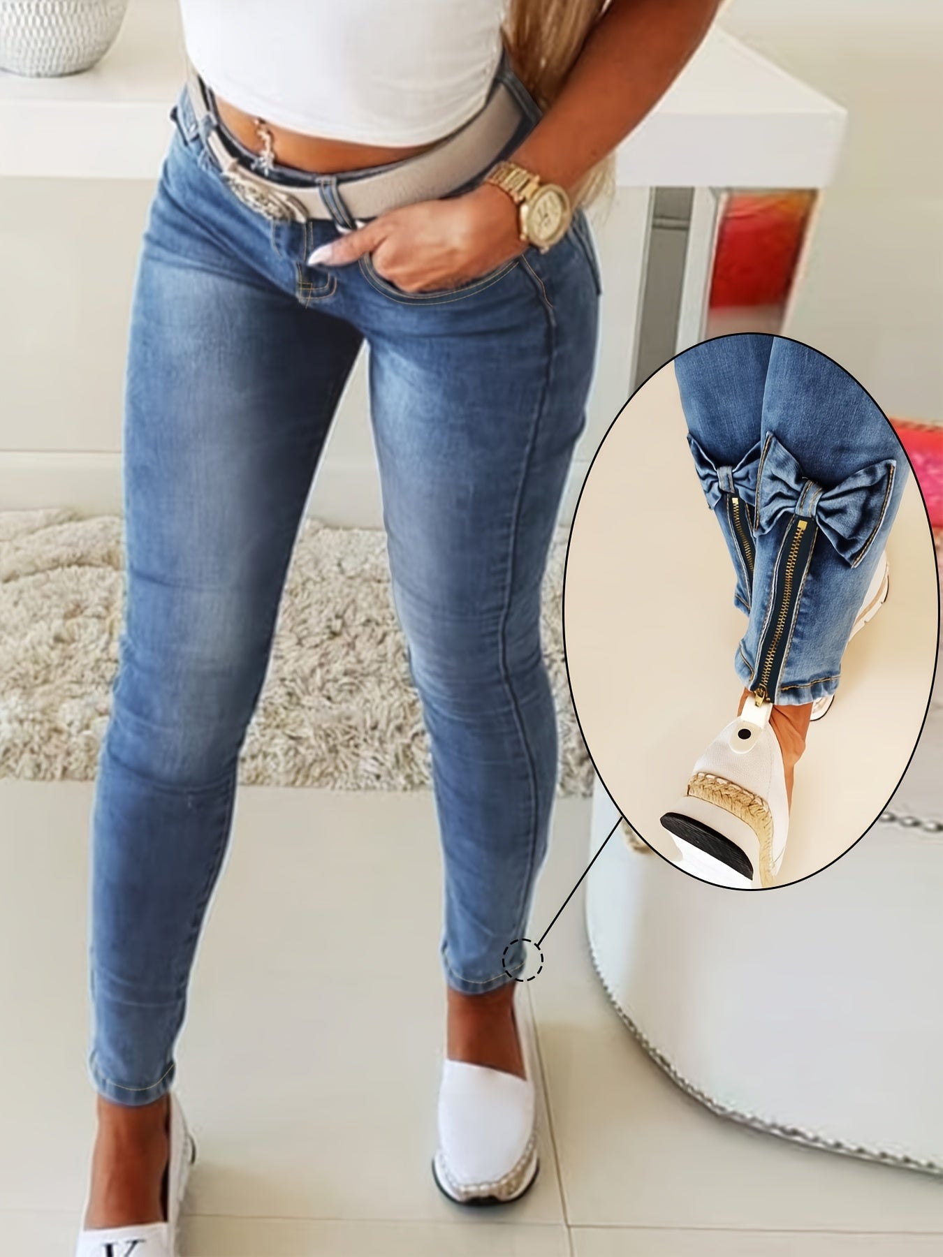 Women's Plus Size Denim Jeans With Bowknot Zipper Detail
