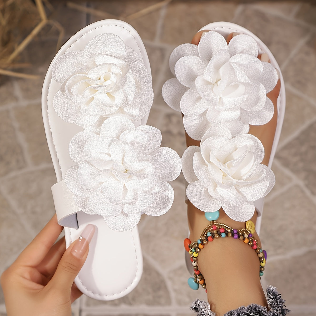 Women's Floral Flat Sandals Open Toe Slip-On with Ankle Strap