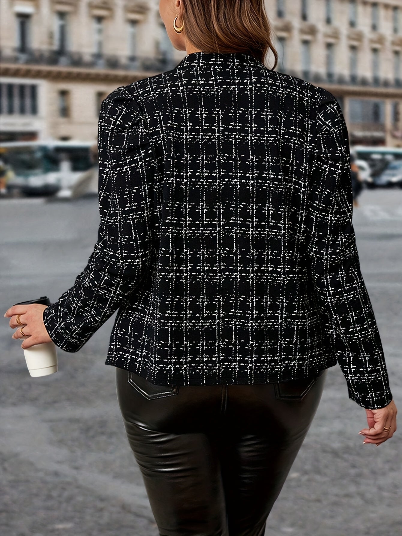 Plus Size Women's Houndstooth Blazer Long Sleeve Button-Front Black White