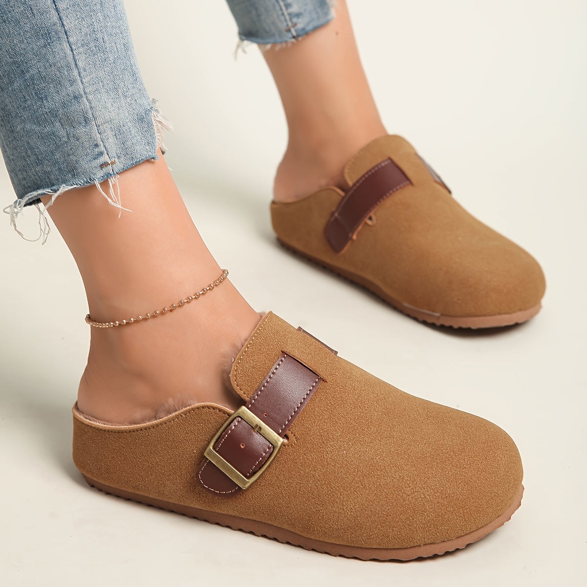 Women Mule Shoes Flat Fleece Slip-On Casual Comfortable