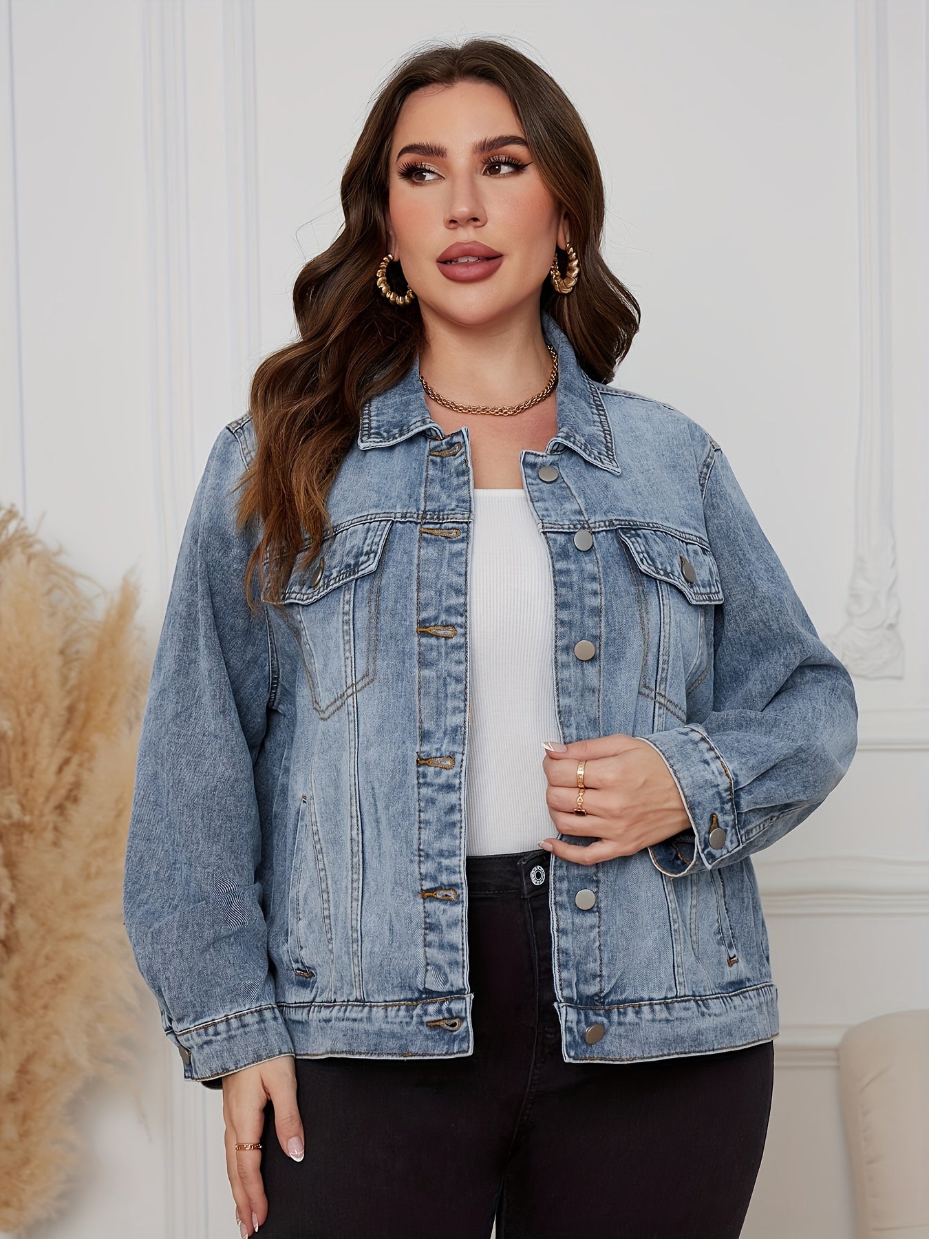 Drop Shoulder Denim Jacket Casual Solid Color Woven Cotton Polyester Spring Fall