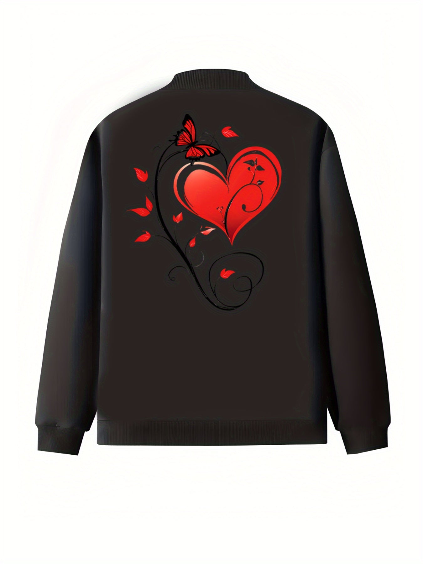 Women's Plus Size Black Casual Zip-Up Jacket with Butterfly Print