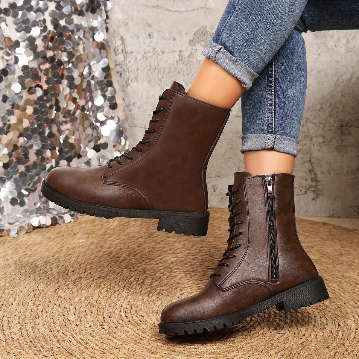 Women's Western Mid-Calf Boots Brown Synthetic Round Toe Zipper Chunky Heel