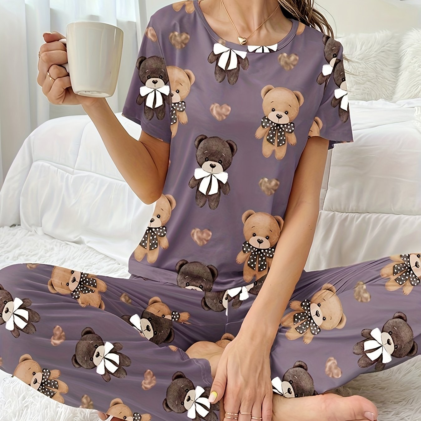 Women's Sleepwear Set with Cartoon Bear and Heart Print Short Sleeve Top and Elastic Pants