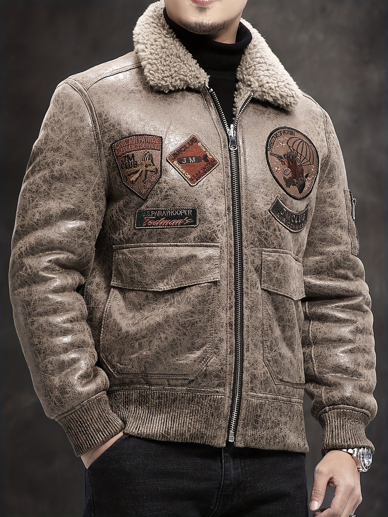 Men's Faux Fur Lined Biker Jacket with Applique Air Force Style Zipper Closure Fall Winter
