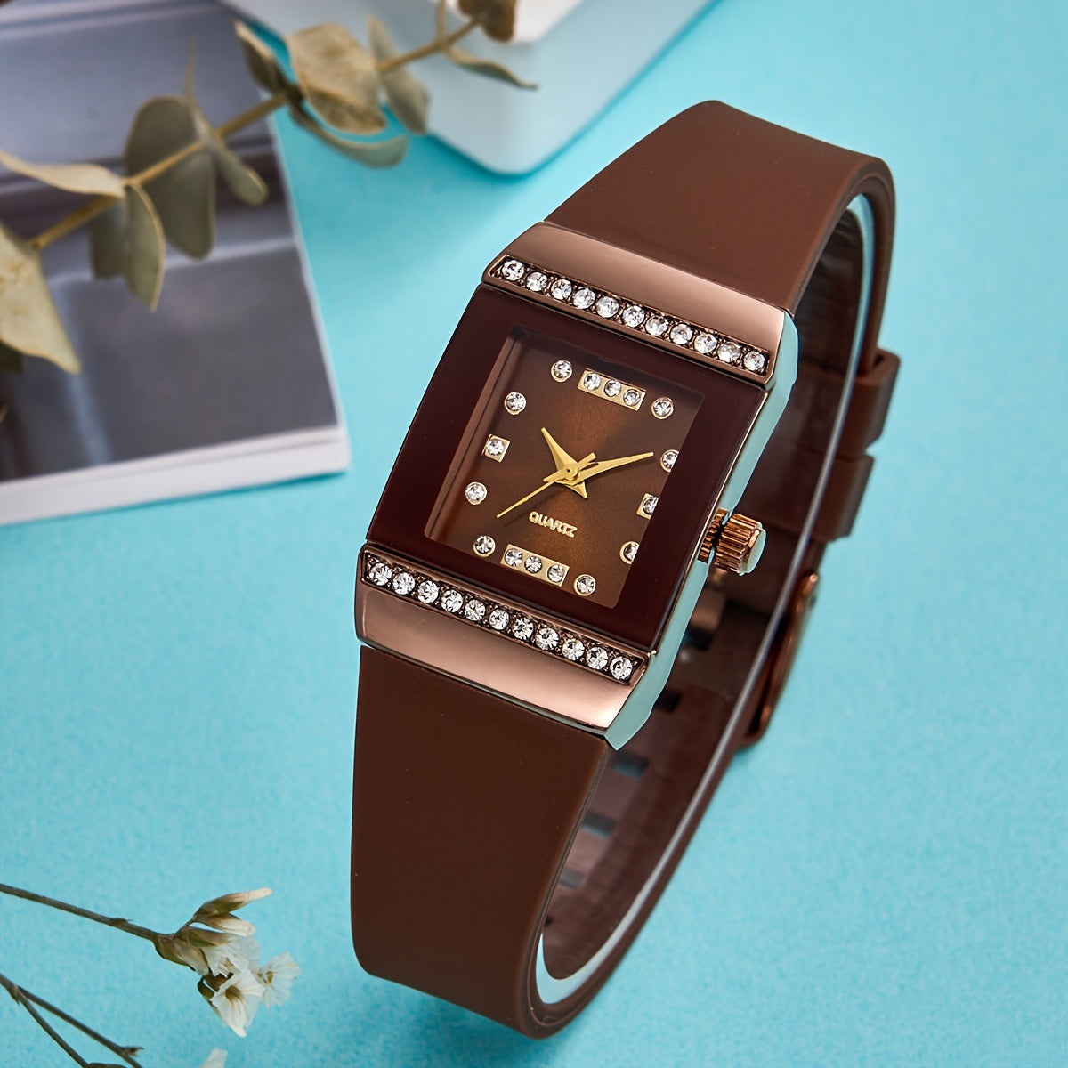 Women's Square Fashion Silicone Watch with Rhinestones and Elegant Design