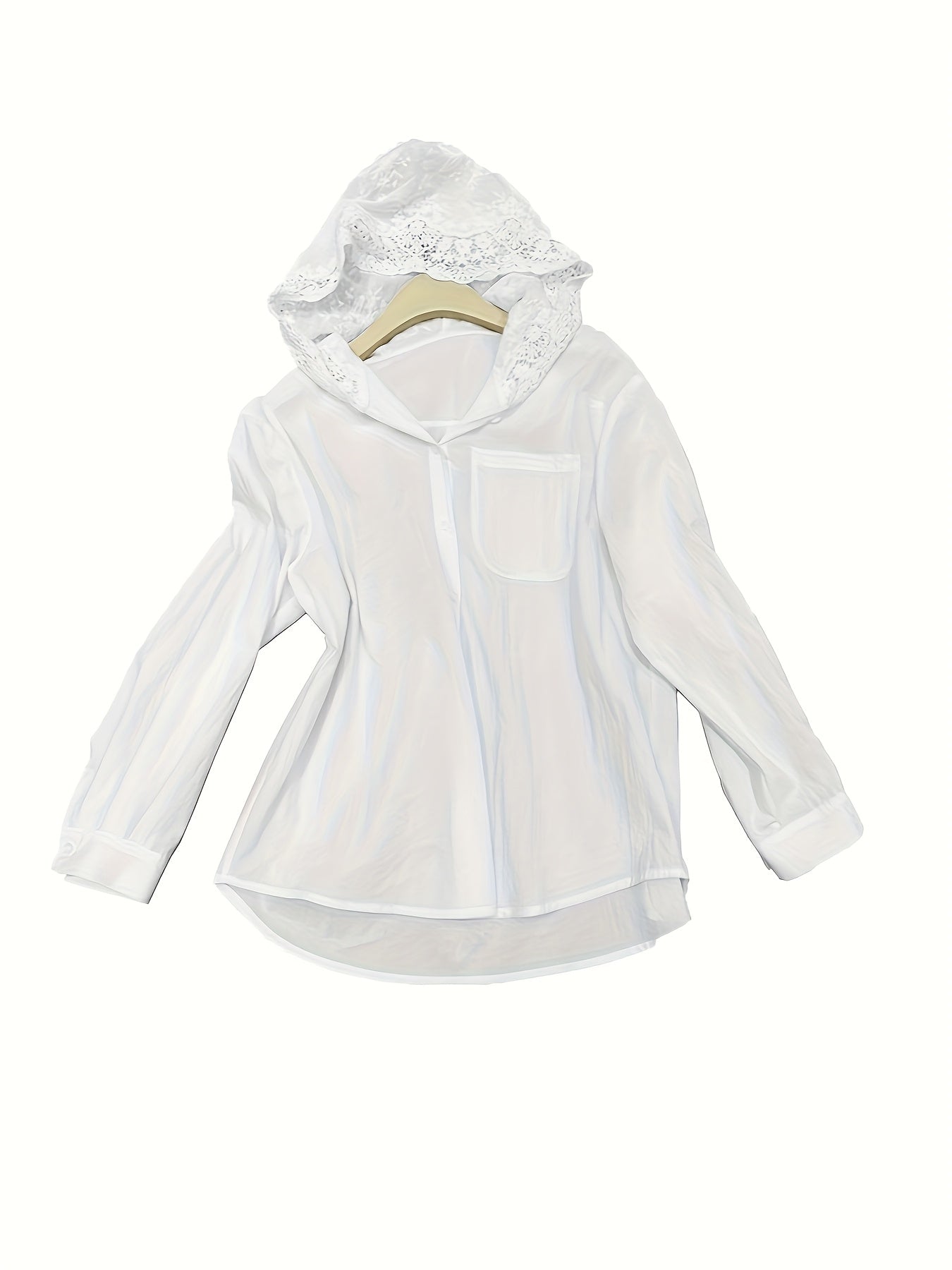 Chaqueta de manga larga con capucha y borde de encaje para mujer talla plus, color sólido, ropa exterior casual para todas las estaciones