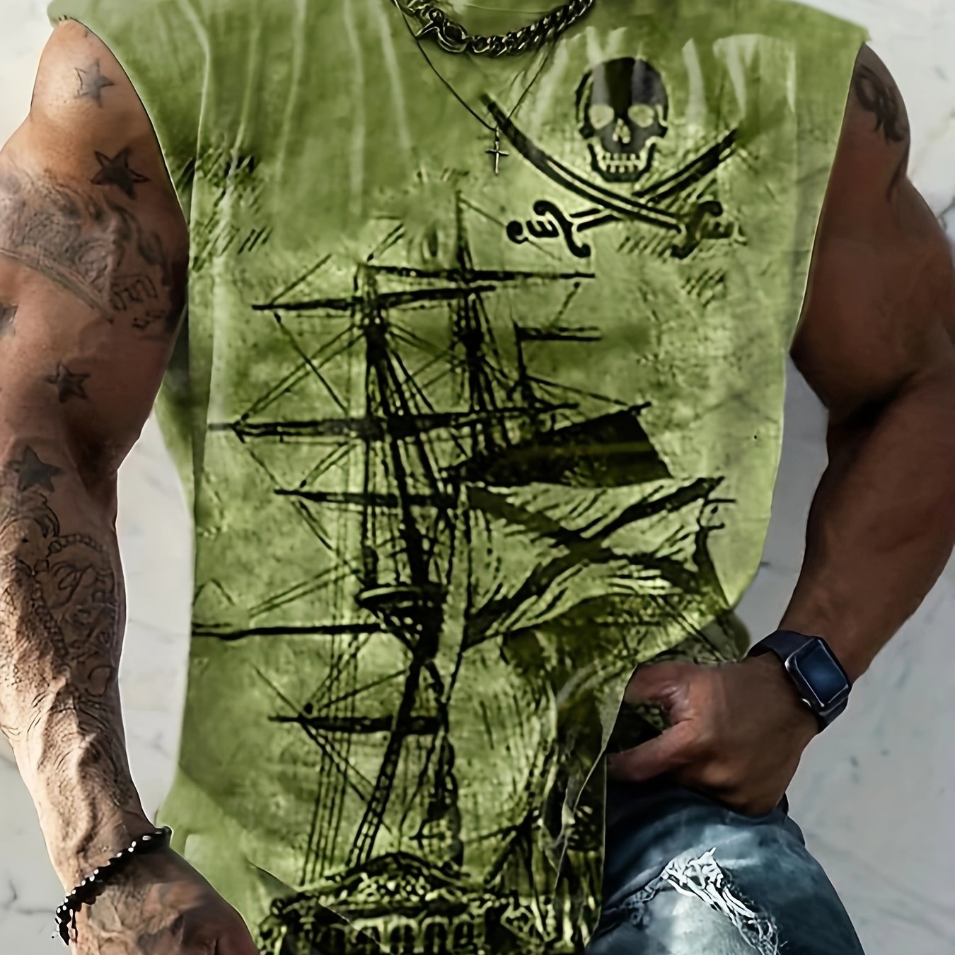 Мужская майка с графикой пиратского корабля большого размера, дышащий полиэстер, лето, уличный стиль