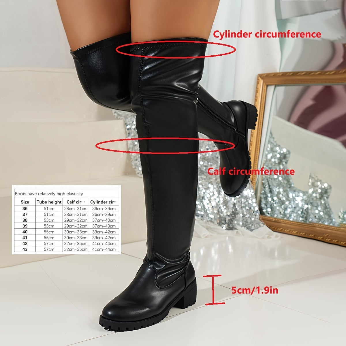 Women's Over Knee High Heel Boots Round Toe Thick Heel Side Zipper Elastic