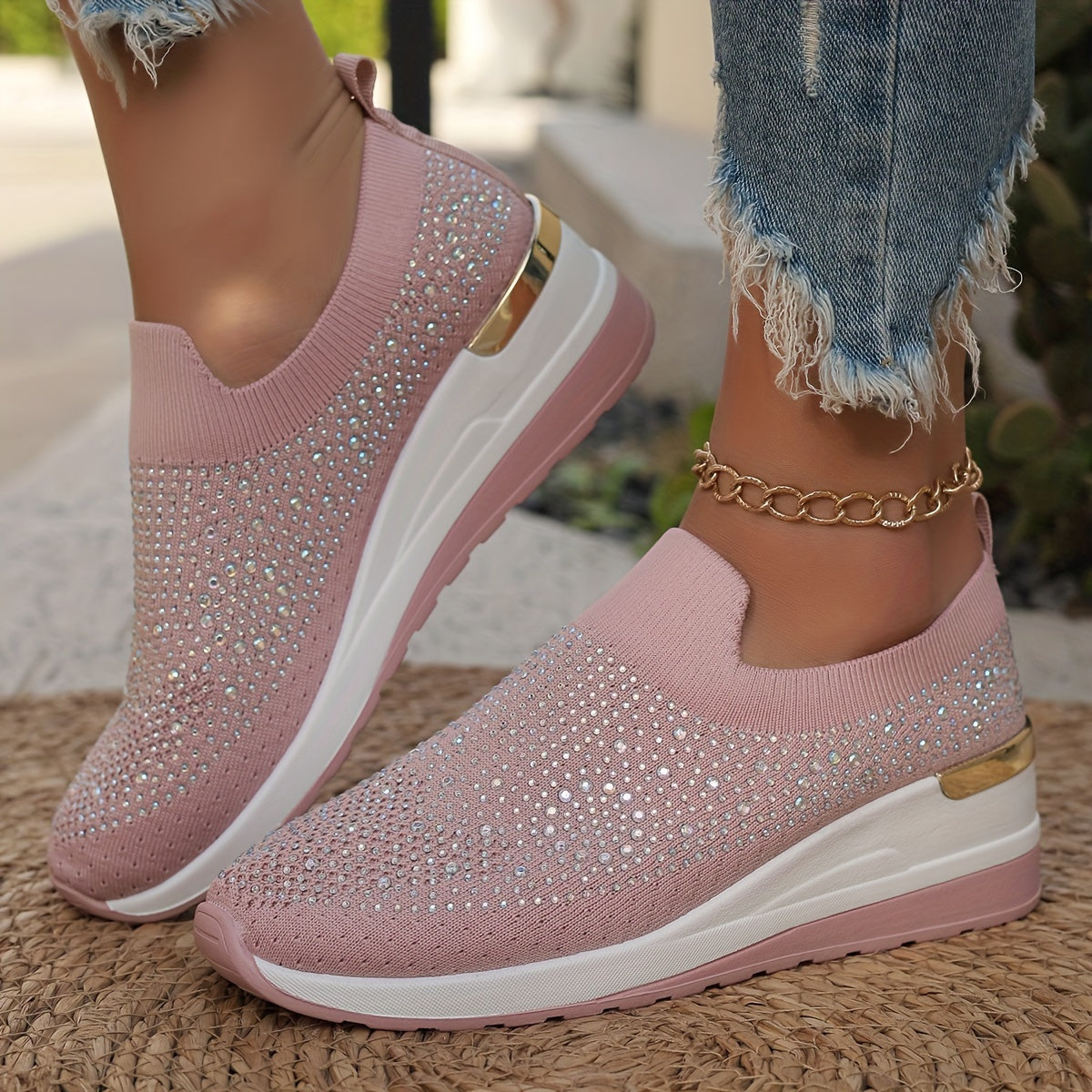 Women's Rhinestone Decor Platform Sneakers Casual Slip-On Outdoor Shoes