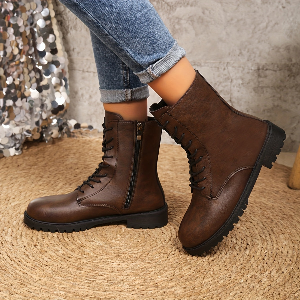 Women's Western Mid-Calf Boots Brown Synthetic Round Toe Zipper Chunky Heel