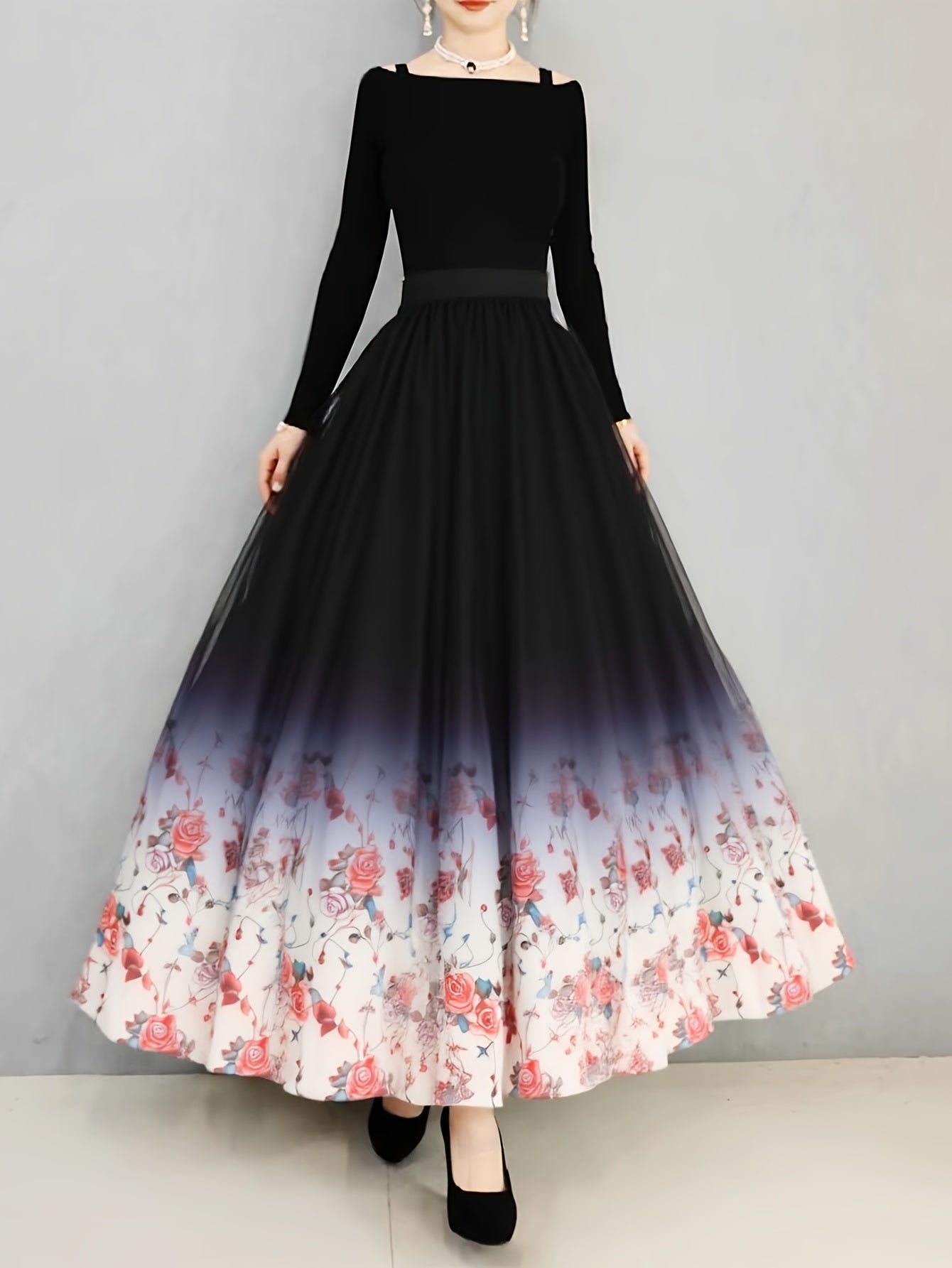 Plus Size Women's Floral Tulle Overlay A-Line Maxi Skirt Black White Elegant