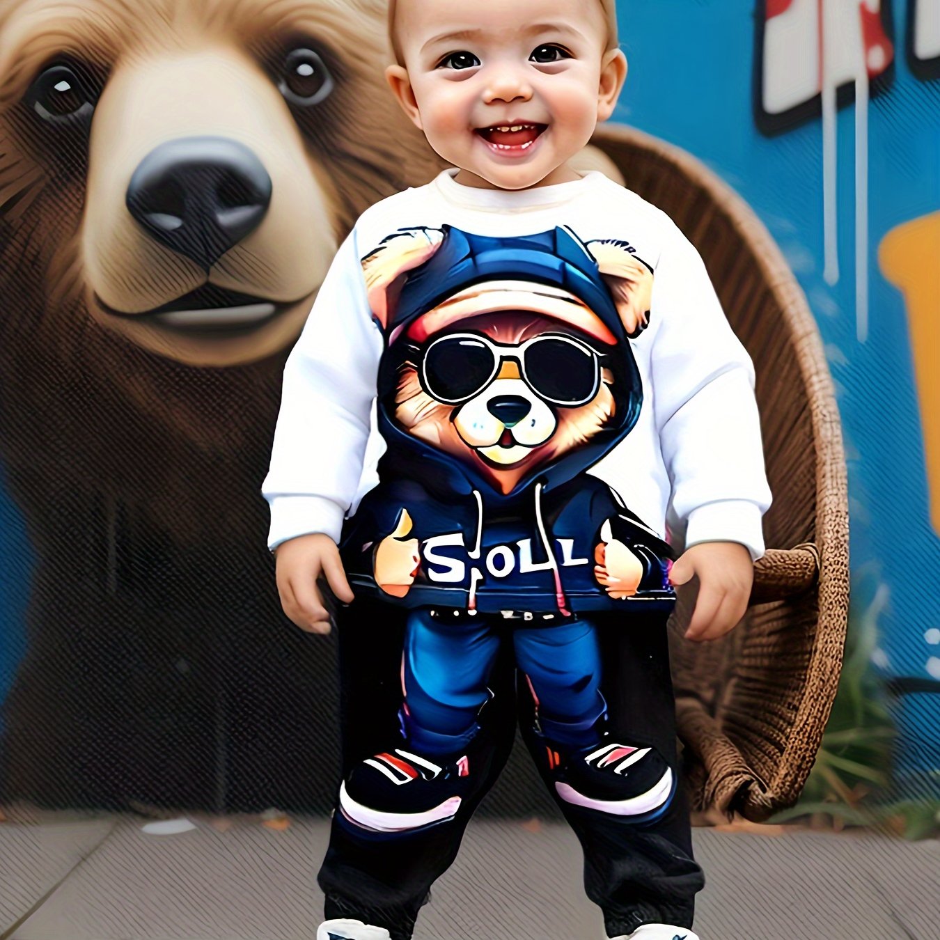 Baby Boy Sweatshirt and Pants Set with Hooded Bear Print for Fall Winter