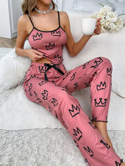 Women's Summer Pajama Set with Backless Cami Top and Pants Crown Print Elastic Knit Fabric