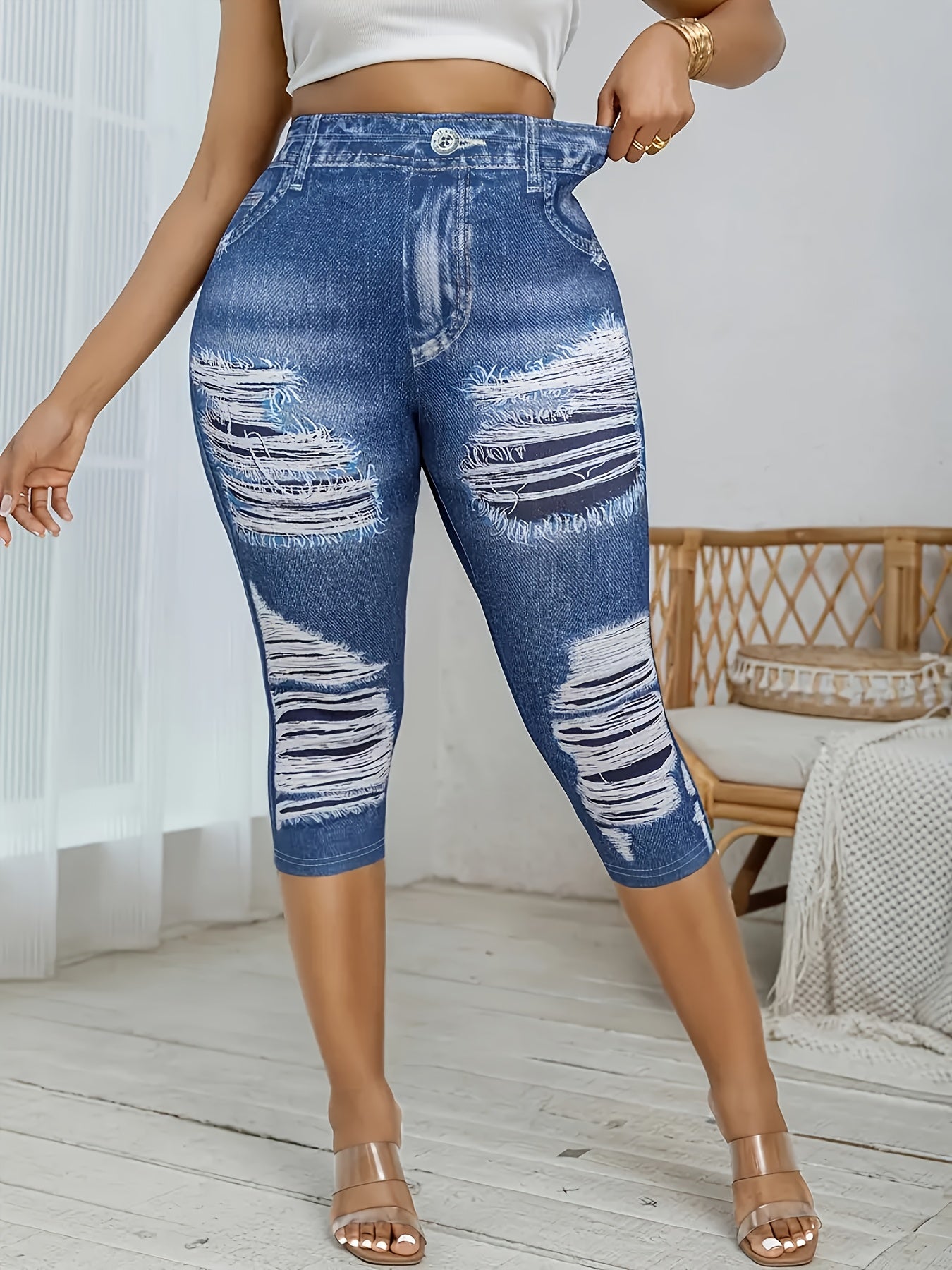 Plus Size Women’s Stretch Capri Leggings Ripped Print High Waist