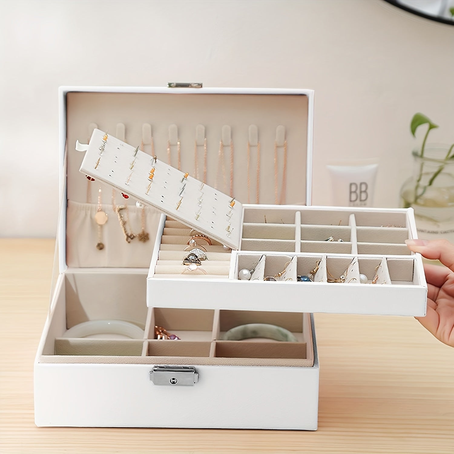 Organizador de joyas de cuero con interior de terciopelo, caja octogonal con cerradura y bandeja desmontable