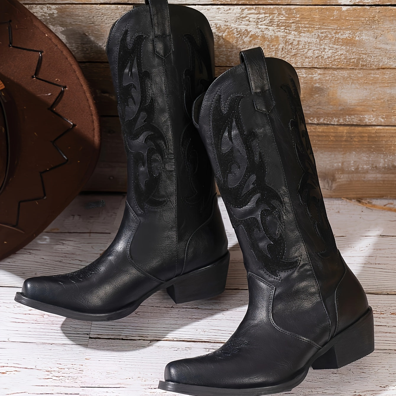 Women's Western Cowboy Boots Mid-Calf Square Toe Casual Rubber Sole