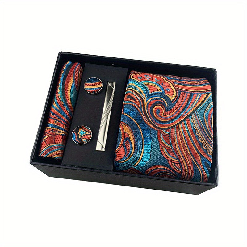 Мужской черный галстук с пейсли, комплект с квадратным шарфом, запонками и зажимом для галстука