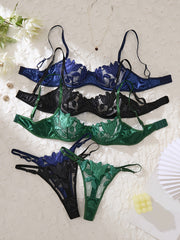 Women's 3-Piece Floral Embroidered Lingerie Set with Bra and Panties